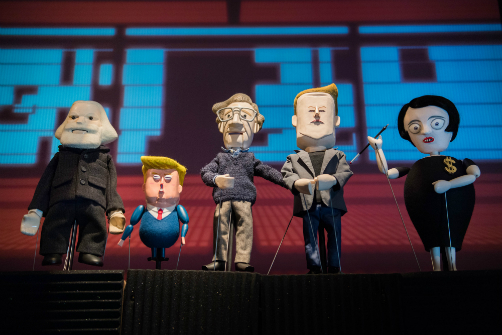 Karl Marx, Tiny Donald Trump, Noam Chomsky, Elon Musk, and Ayn Rand in Pedro Reyes' Manufacturing Mischief. Photo by Sham Sthankiya